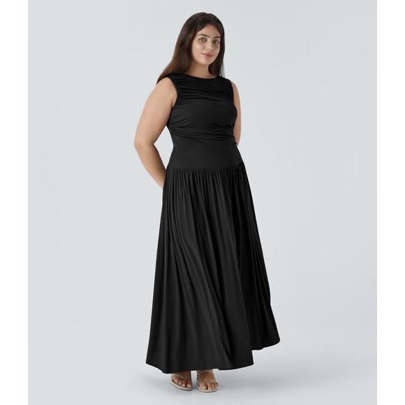 Halara Ribbed Boat Neck Asymmetric Strap Maxi Dress Black Sz Medium NEW - Picture 1 of 10